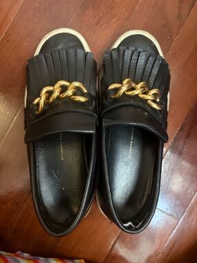 Black Fringe Slip-On Loafers with Gold Chain